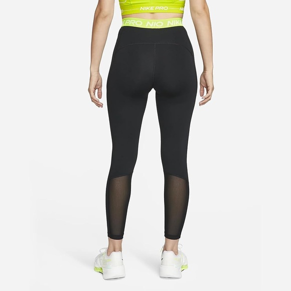 NEW Nike Pro 365 Women's High-Waisted 7/8 Mesh Panel Leggings, Black/Volt/White - Picture 2 of 13